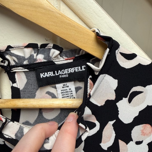 Karl Lagerfeld Black Ruffle Long Sleeve Pink and White Patterned Blouse Size Med - Picture 3 of 6